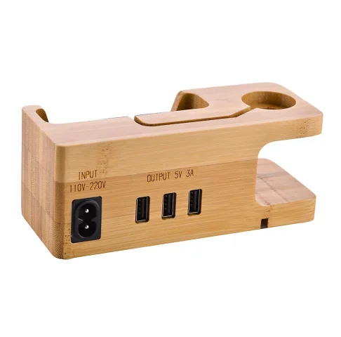 

3USB Wooden Phone Holder Stand Charging Dock Desktop Bracket For phone Watch Holder