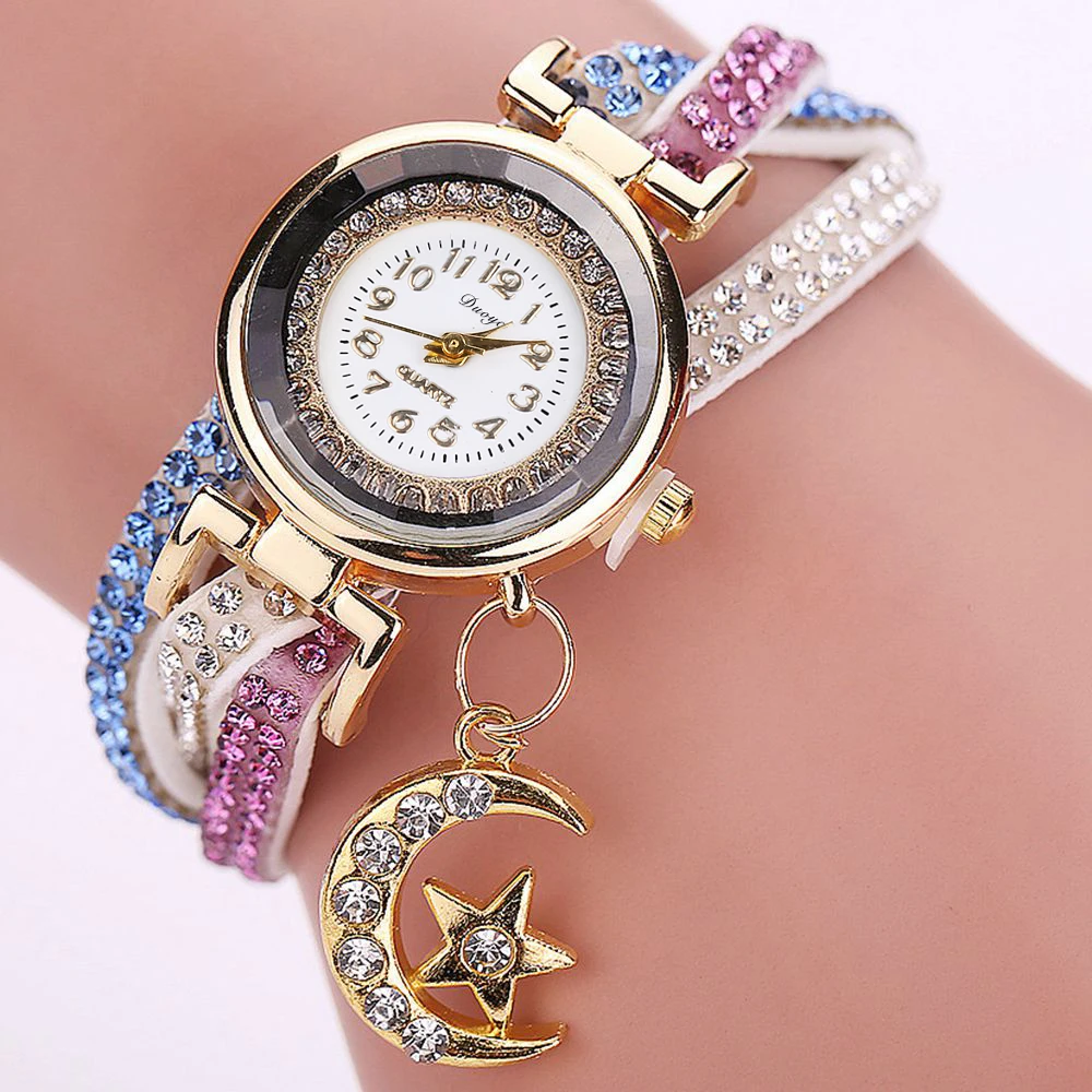 

Duoya Brand Watch Women Gold 2017 New Crystal Luxury Moon Pendant Leather Bracelet Gift Fashion Casual Quartz Bracelet Watch, Black;white;red;orange;green