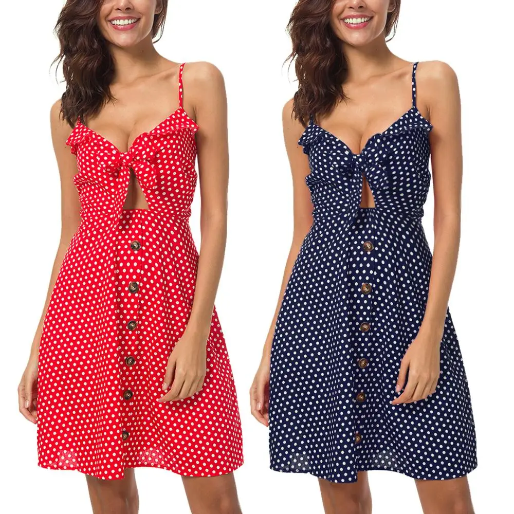 

2018 Factory High Quality One Piece Polka Dot Bandage Backless Summer Dress Fashion Women Dress Clothes, Red
