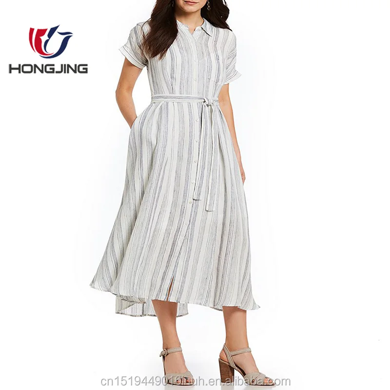 Women Wearpoint Collar Neckline Hazel Linen Stripe Midi Shirt Dress