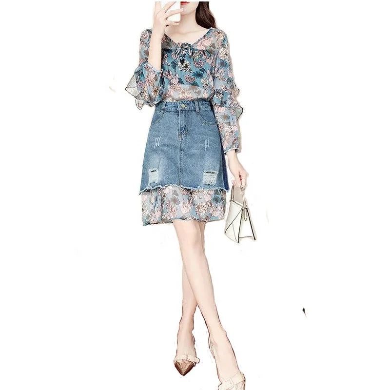 

france style summer wear floral print chiffon long ruffles sleeve blouse with denim skirt two-piece young women's dress