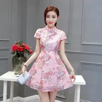 

2019 new fashion printed slim short sleeve cheongsam floral dress