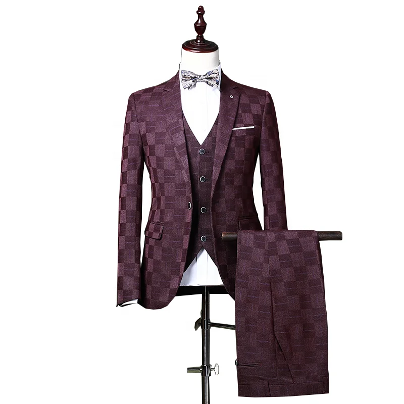 

In-Stock Manufacturer Italy Design Three Pieces Blazer Vest Pants Slim Fit Men Suit, Dark grey;red;blue
