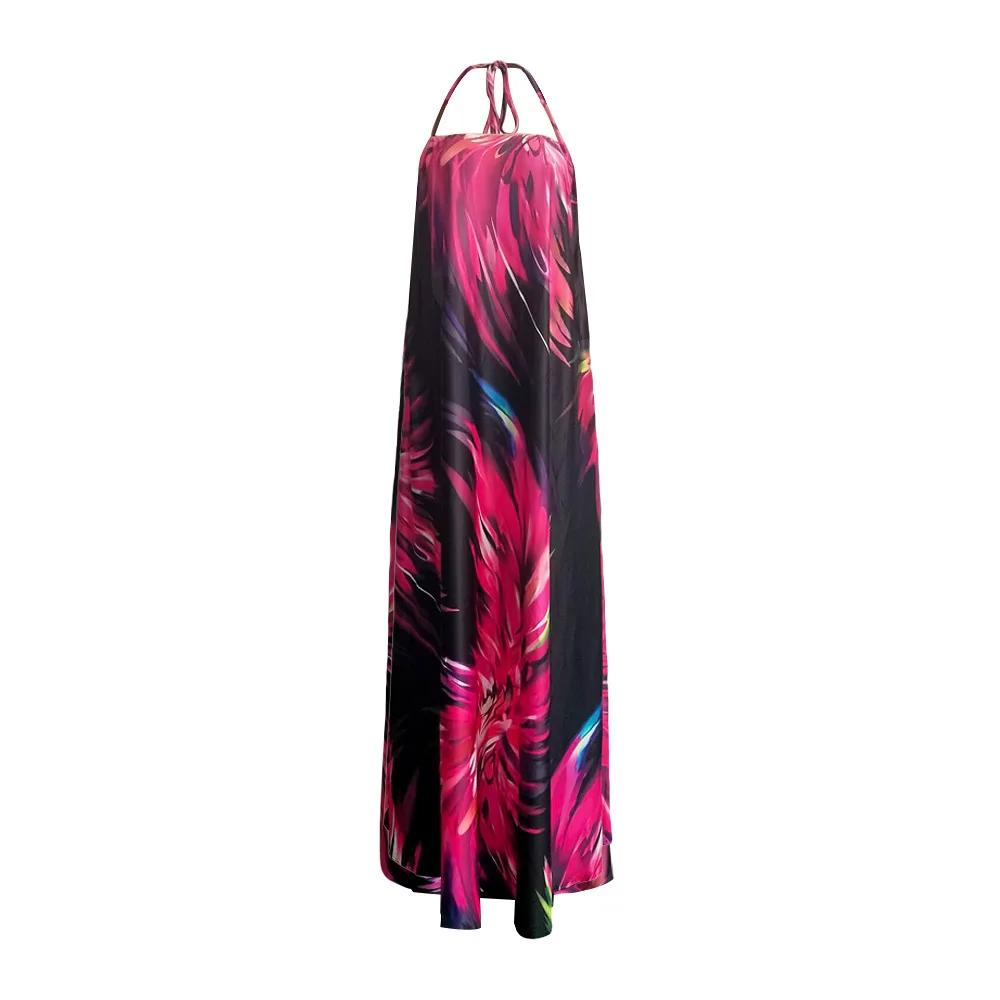 Ecowalson S3505 Women's Off-Back Sexy Sleeveless Digital Printing Floral Hanging Neck Mopping Long Dress S-3XL