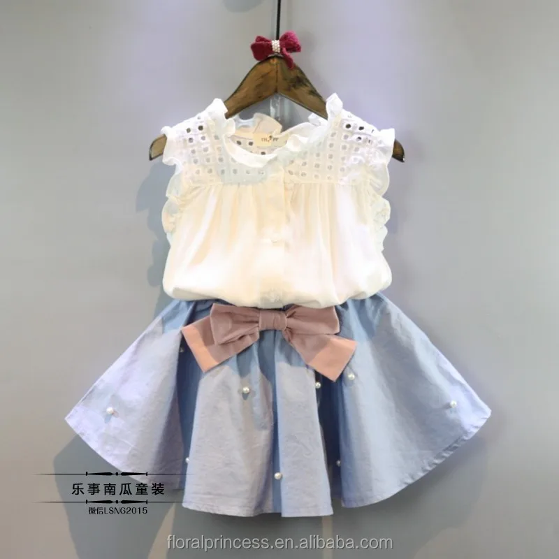

whosale children summer clothes sets baby girl lace t-shirt +pearls tutu skirts 2pcs sets kids ctton clothing suits, As picture