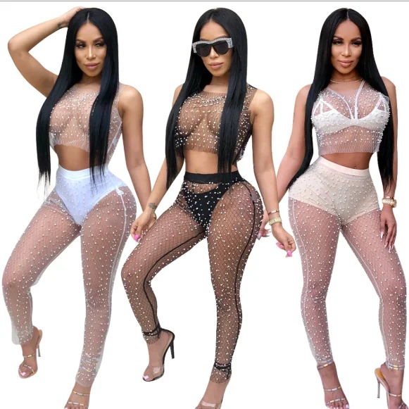 

2019 Sexy Ladies Explosion Mesh Gauze Pearl Vest Nine Pants Suit, As picture