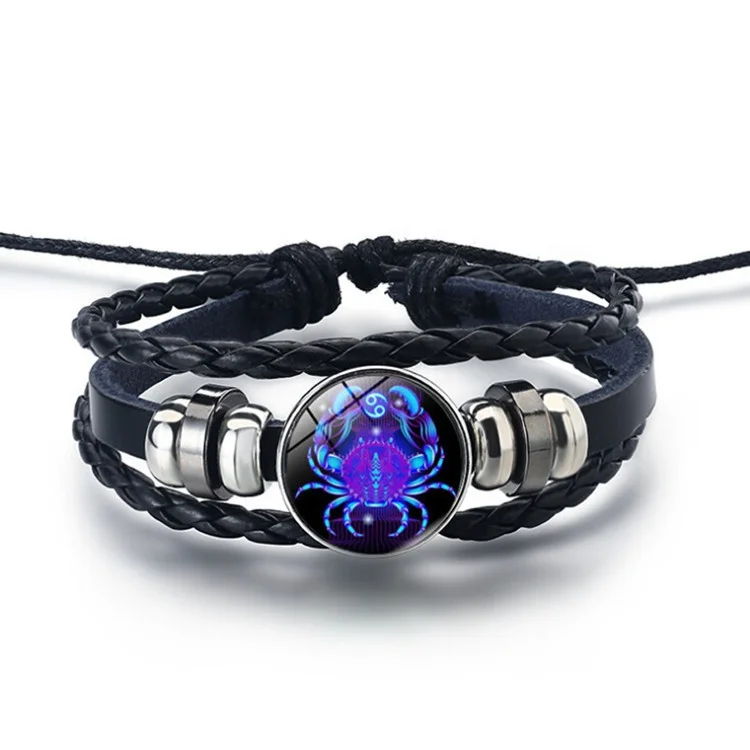 

Fashion Friendship Glass Beads 12 Constellations Leather Wrap Bracelet 12 Zodiac Signs Bracelets, Black