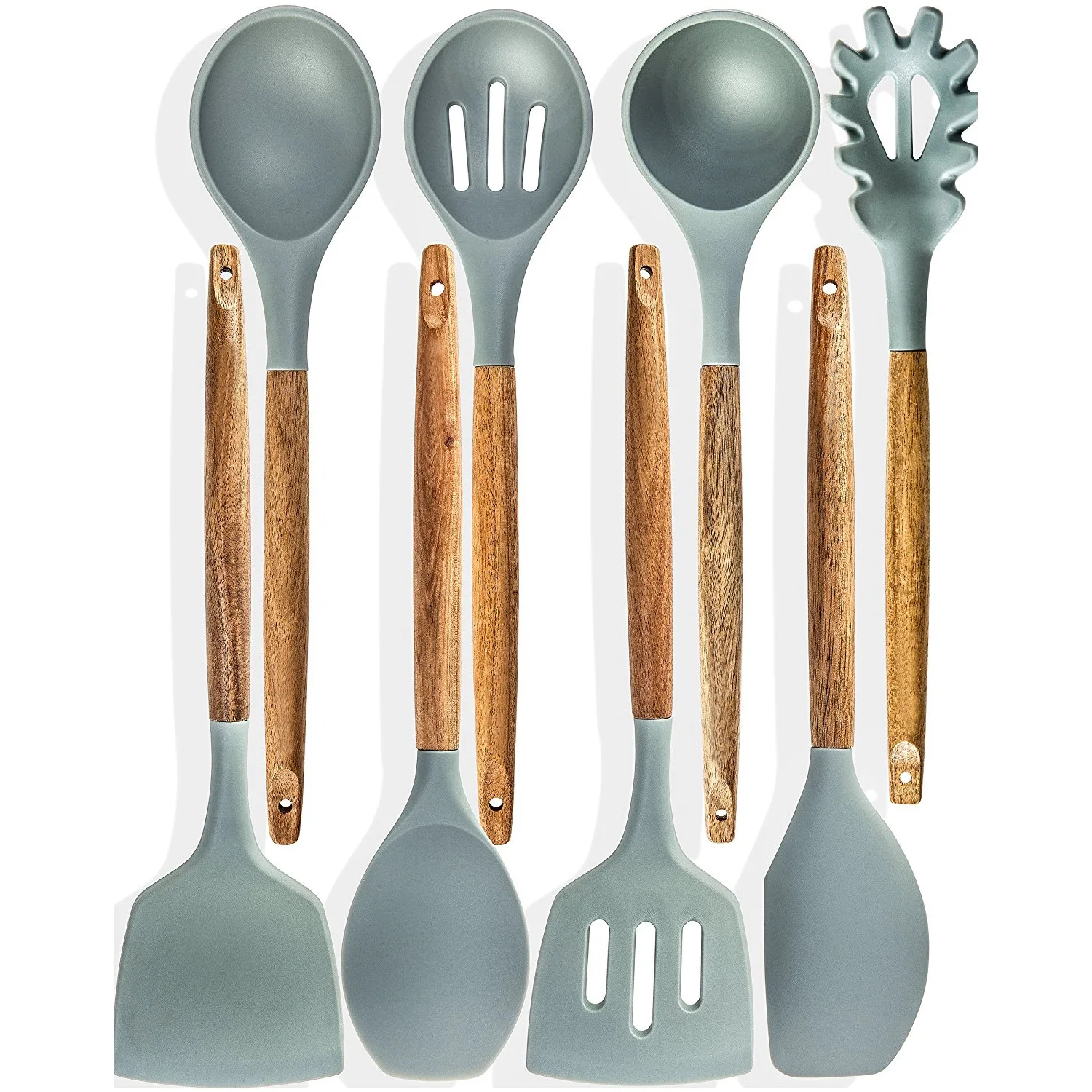 

8 Natural Acacia Wooden Silicone Utensil Set Spatula Set Silicone Utensils Cooking Utensil Set, Customized