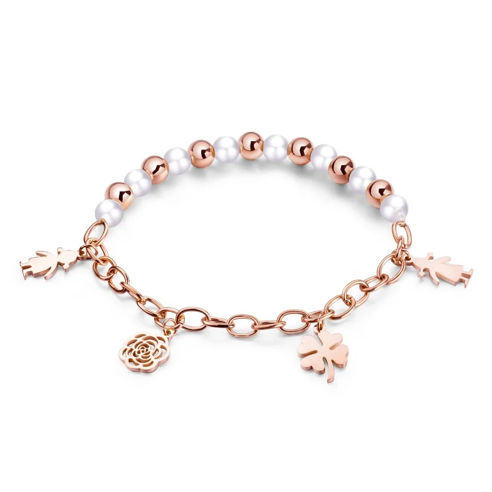 

2019 Hot Sale Stainless Steel Bracelet Rose Gold Plated Multi Charm Pendants Dangling Pearl Titanium Bracelet Women Wholesale