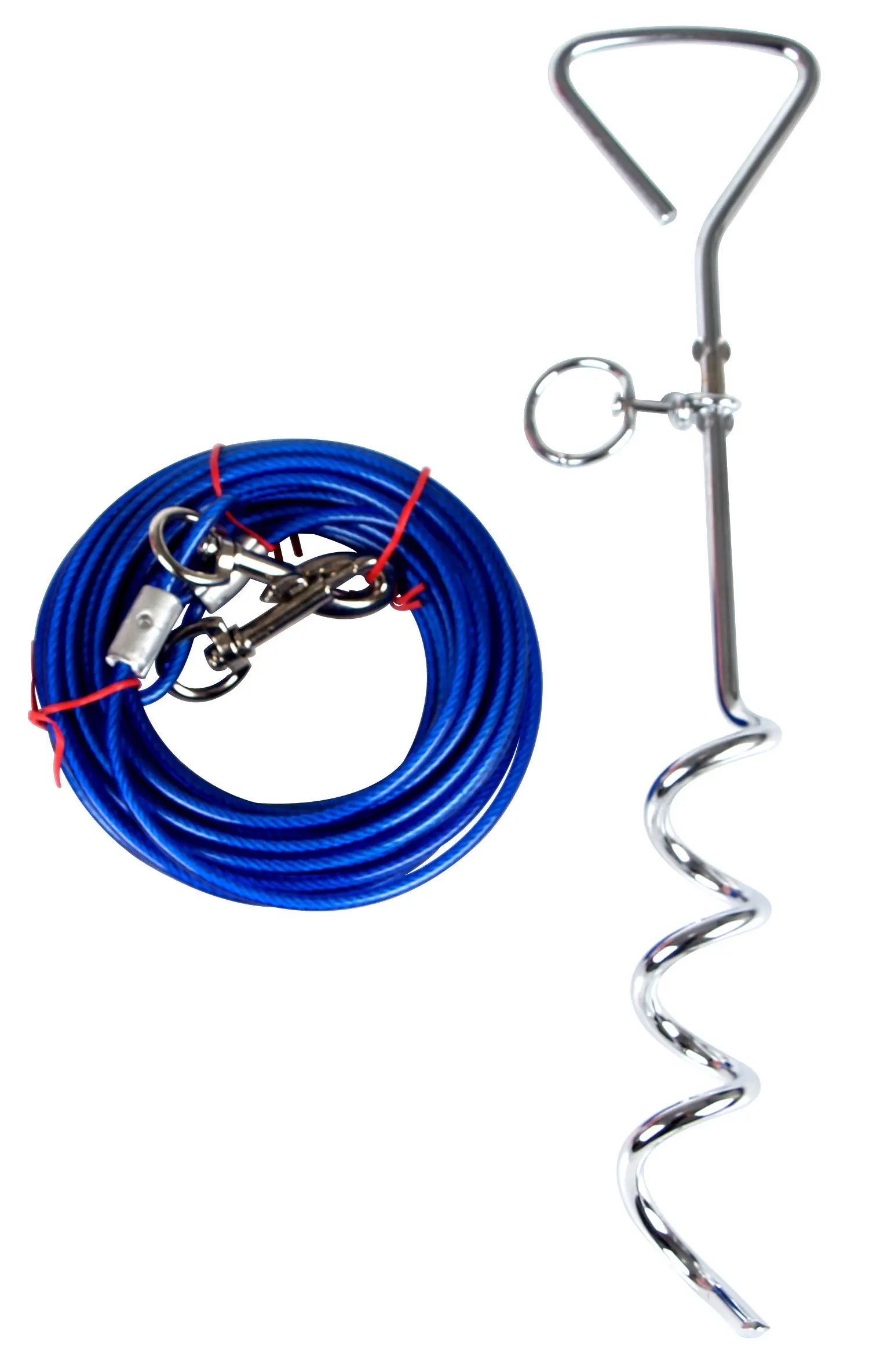 Zinco Dog tie-Out Spiral Stake Comes with a 10 feet Double connectors Vinyl Coated Galvanized Cable. 18 inch Long manually Screwed in The Ground Will Prevents Pulling Out and Bending