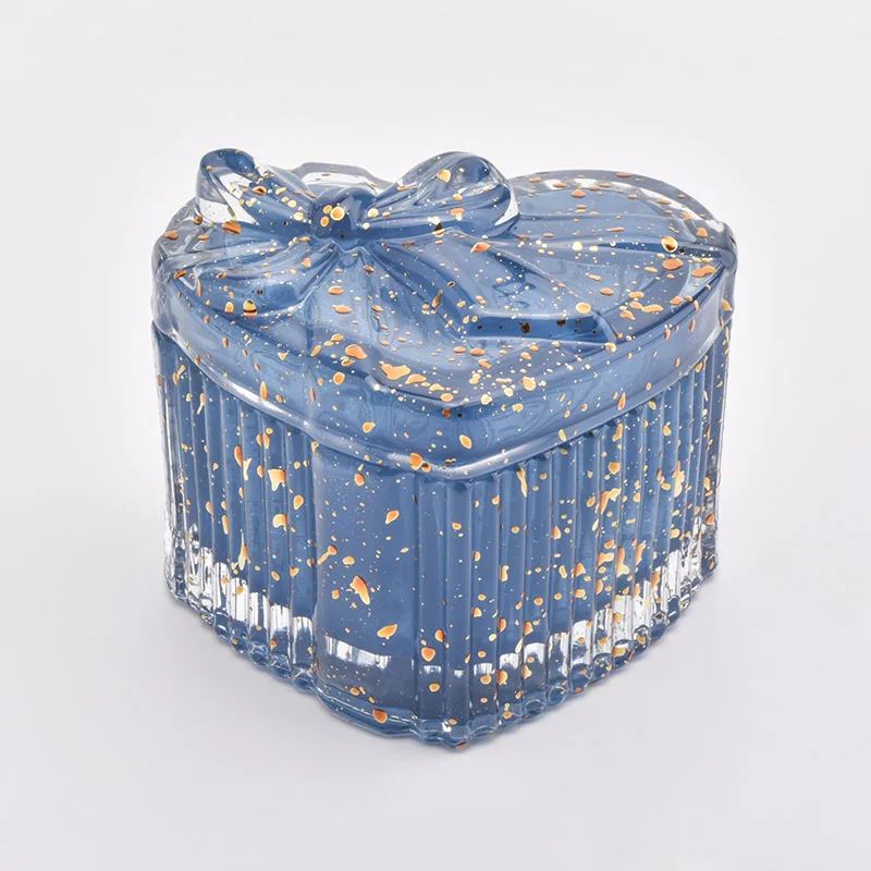 Nice Heart Shape Blue Glass Candle Jar Candles Holder with Lid for Decor