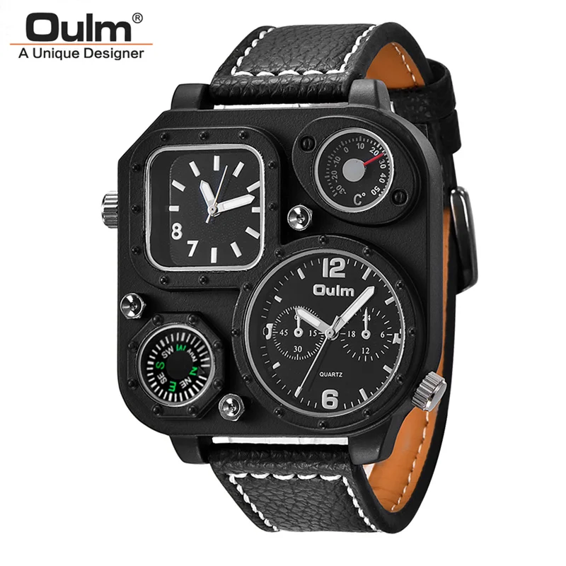 

Oulm Limited Edition Unique Black Watches Men Sport Quartz Watch Male Two Time Zone Clock Decorative Compass and Thermometer