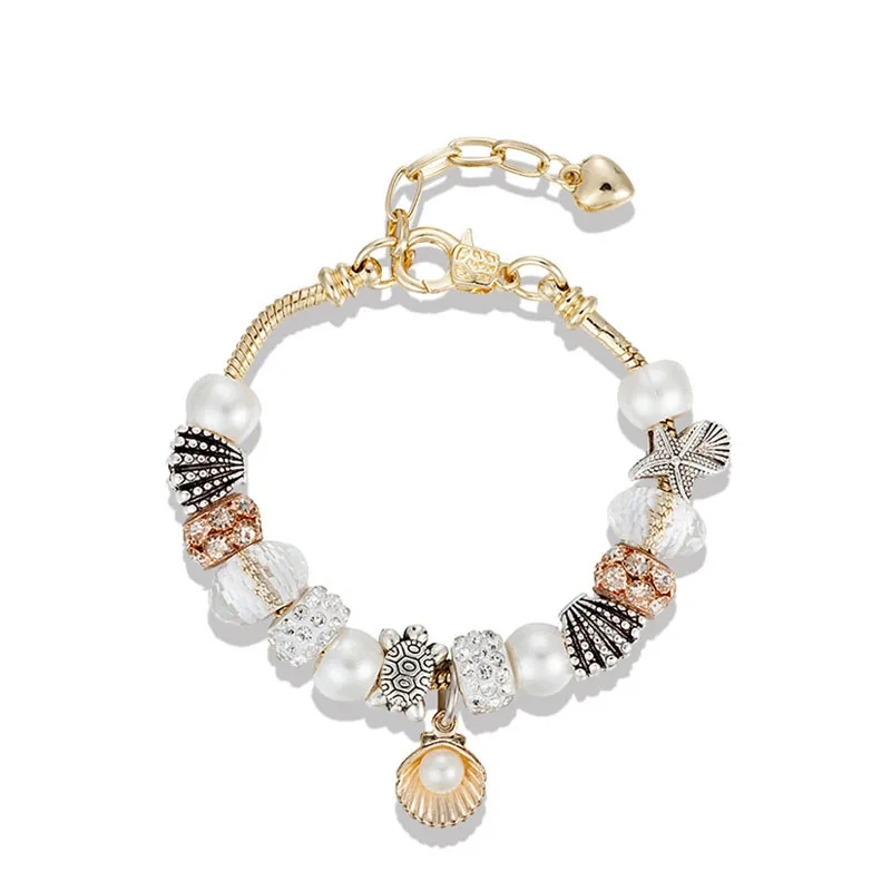 

Ocean Style Gold Chain White Glass Beads Charm Bracelet Antique Silver Sea Tortoise Starfish Scallop Shell Pearl Charm Bracelet