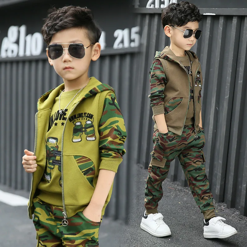 

2019 new hot selling popular wholesale spring autumn camouflage sports military uniform three-piece boys children clothing suit, As pic shows, we can according to your request also