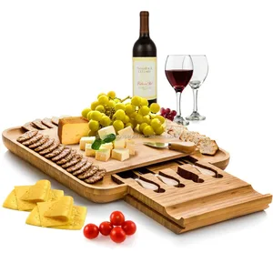 Image of 100% Solid Natural Bamboo Cheese Board & Cutlery Set with Slide-Out Drawer