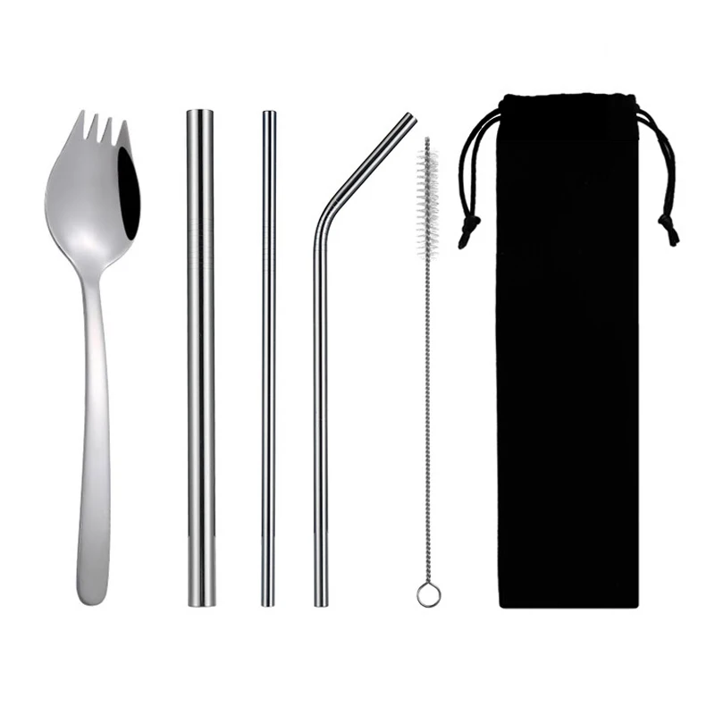 

Camping utensils flatware set spork with straw travel cutlery set stainless straw set, Silver or gold