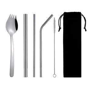 Image of Camping utensils flatware set spork with straw travel cutlery set stainless straw set