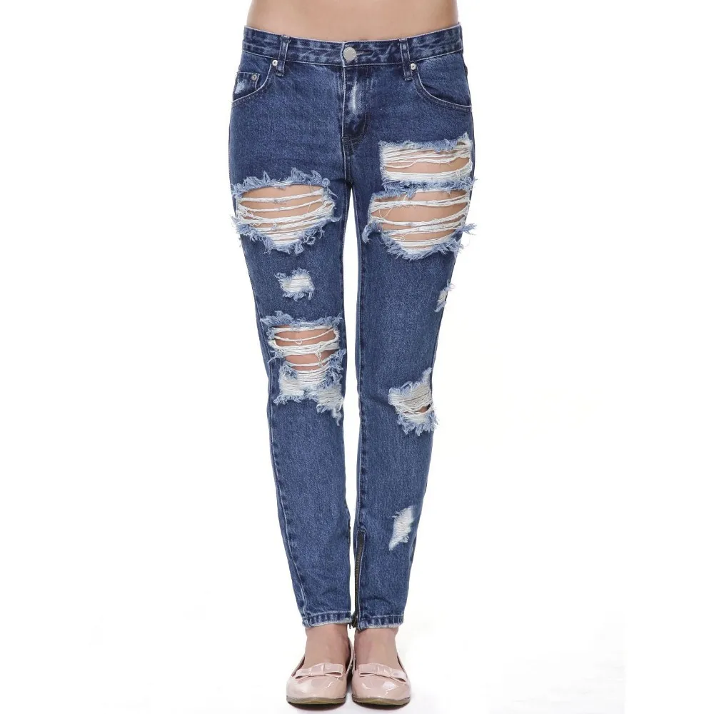 Fashion Damaged Slim Blue Ripped Jeans Women Hot Sale - Buy Ripped ...