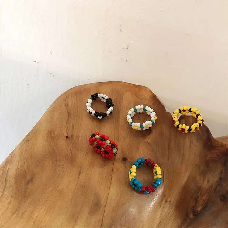 

Wholesale Fashion New Arrived Handmade Custom Plastic Jewelry Korean Braided Colorful Flower Ring For Women, As show