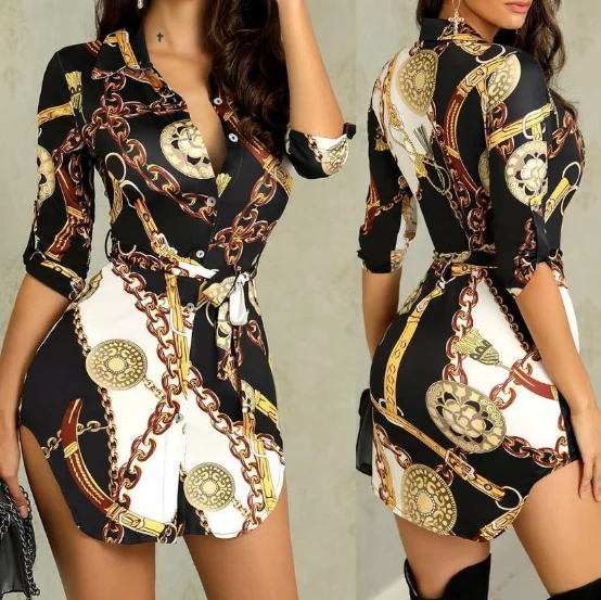 

African Trendy Black Batwing Short Sleeve Chain Print Slit Shirt Dress