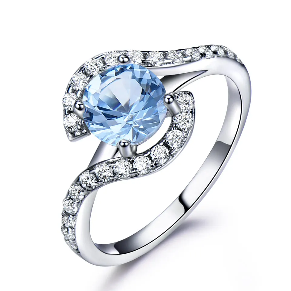 

CZ Ring Ring Diamond Finger Rings 925 Sterling Silver China Topaz Jewelry Engagement for Women Wave-typed Sky Blue Prong Setting