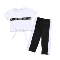 

Summer Kids Baby Girls Clothing Sets Streetwear 2 Pieces Letter Knot T-shirt Crop Tops + Side Striped Long Pants Girl outfits