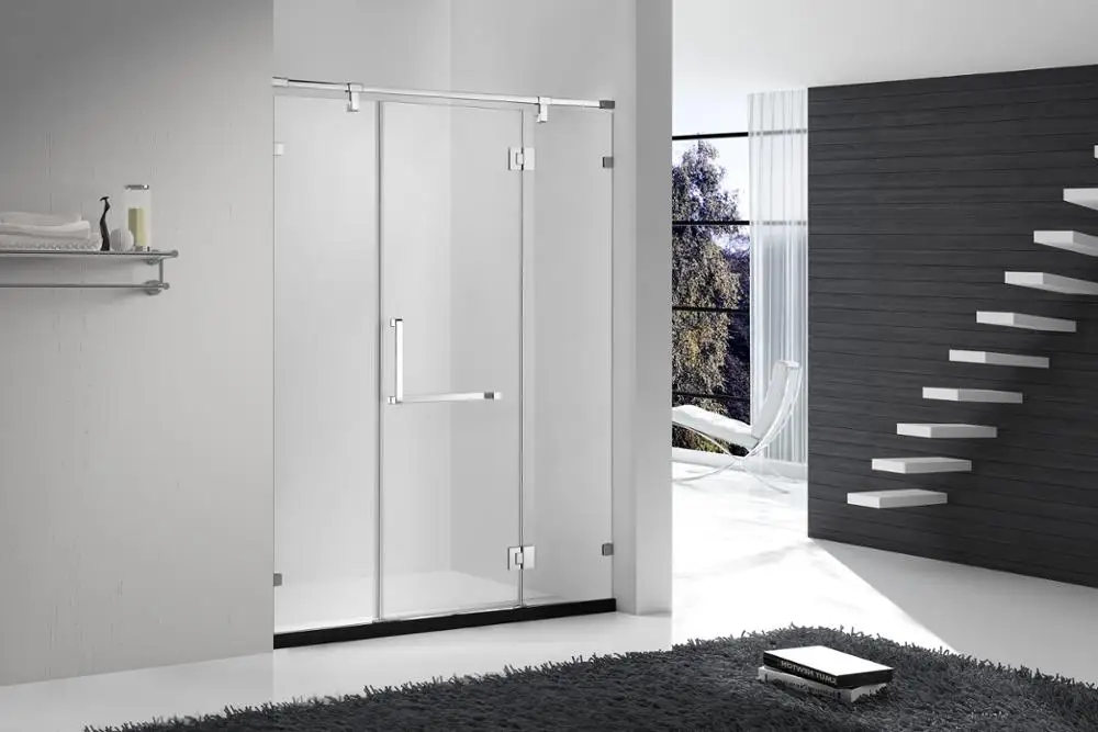 frameless design stainless steel glass hinge two fixed one open door straight shape shower enclosure