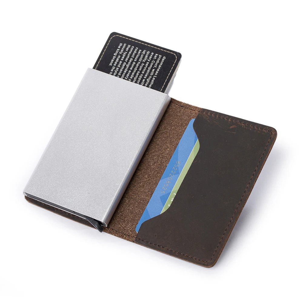 

Hot Sale Carzy Horse Cow Leather Credit Card Holder Factory Minimalist Slim Aluminum Wallet RFID blocking Card Case Box for Men, Coffee