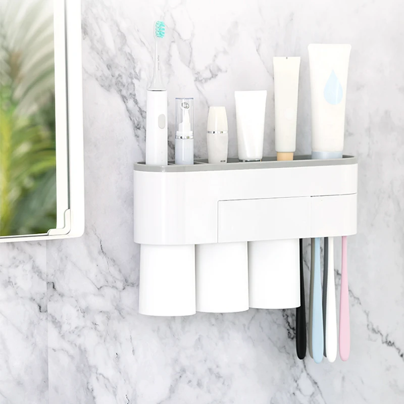 

Multifunctional magnetic toothbrush rack storage display stand plastic toothbrush holder with three hanging cups, White and gray / white and blue