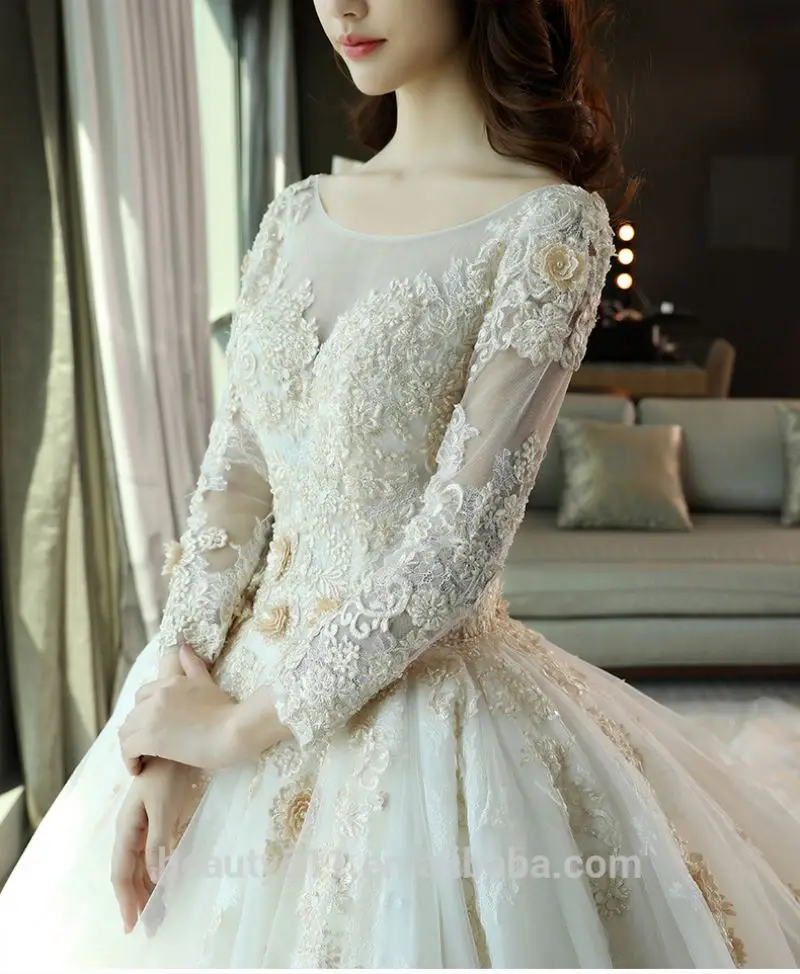 

Latest bridal shining matte satin wedding dress Long sleeves Scoop neckline bridal gown TS87