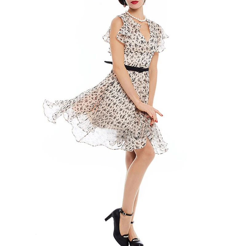 

Toni Maticevski Graceful Vestidos V-Neck Petal Sleeve Belted Shivering Apricot Chiffon Retro Rockabilly Dress, Light apricot
