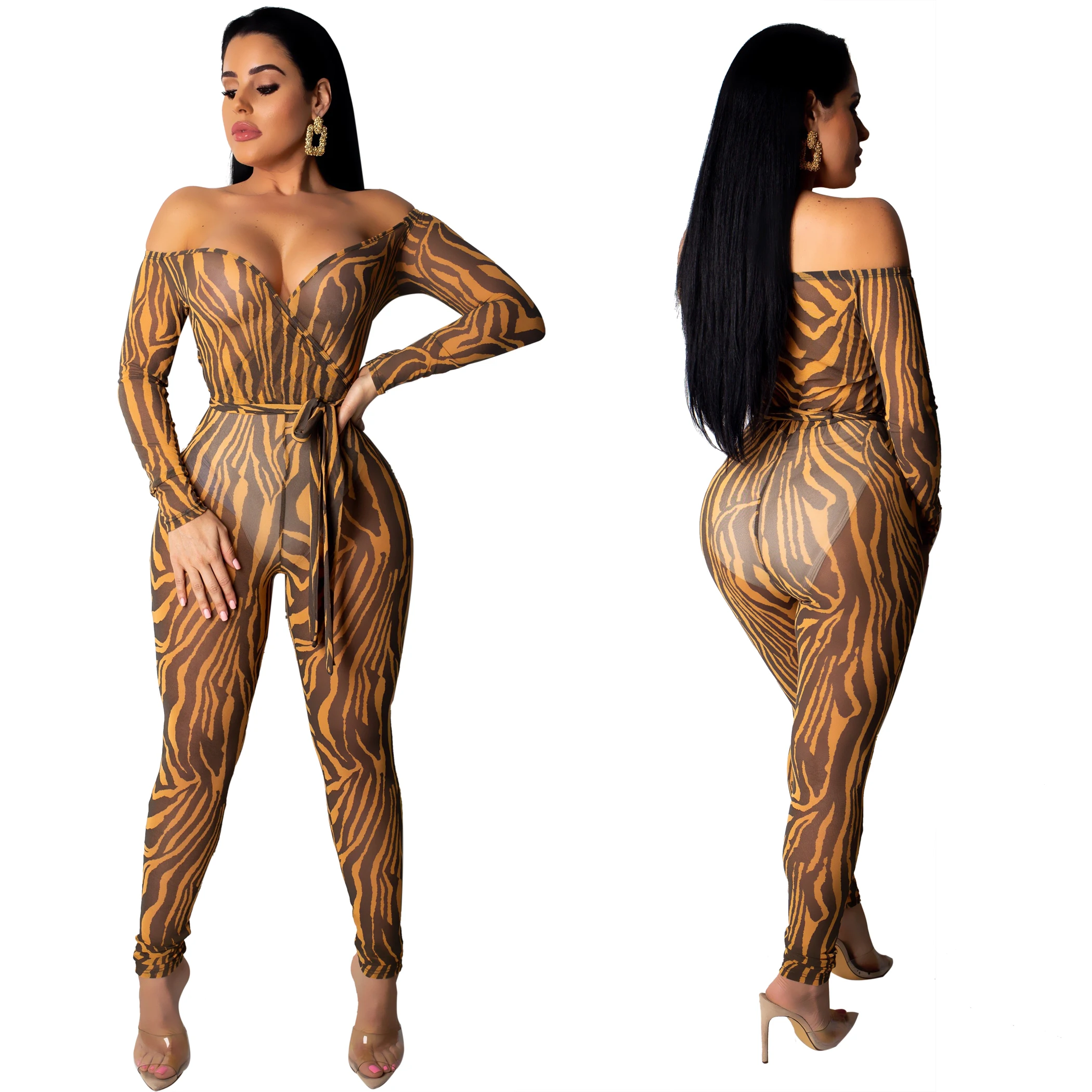

LIA3079 Newest off shoulder deep V leopard mesh nightclub jumpsuit, N/a