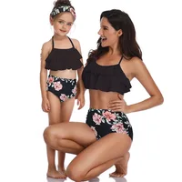 

Family Swimsuits For Mom And Kids Bikinis Two Pieces Swimming Suits Cute Flounced Top+High Waist Bottom Beach Mother Baby Bikini