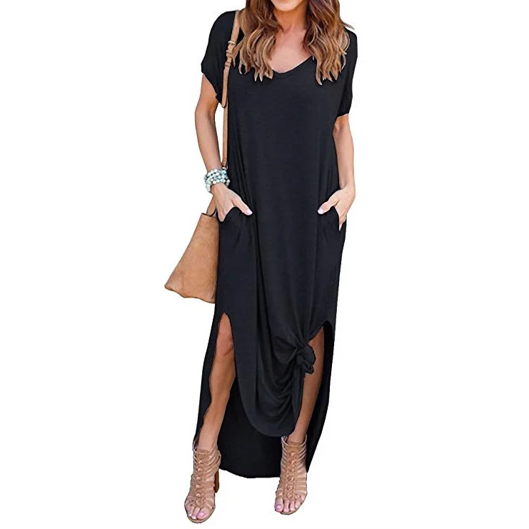 

Women's Casual Loose Pocket Long Dress Short Sleeve Split Maxi Dresses, Customized