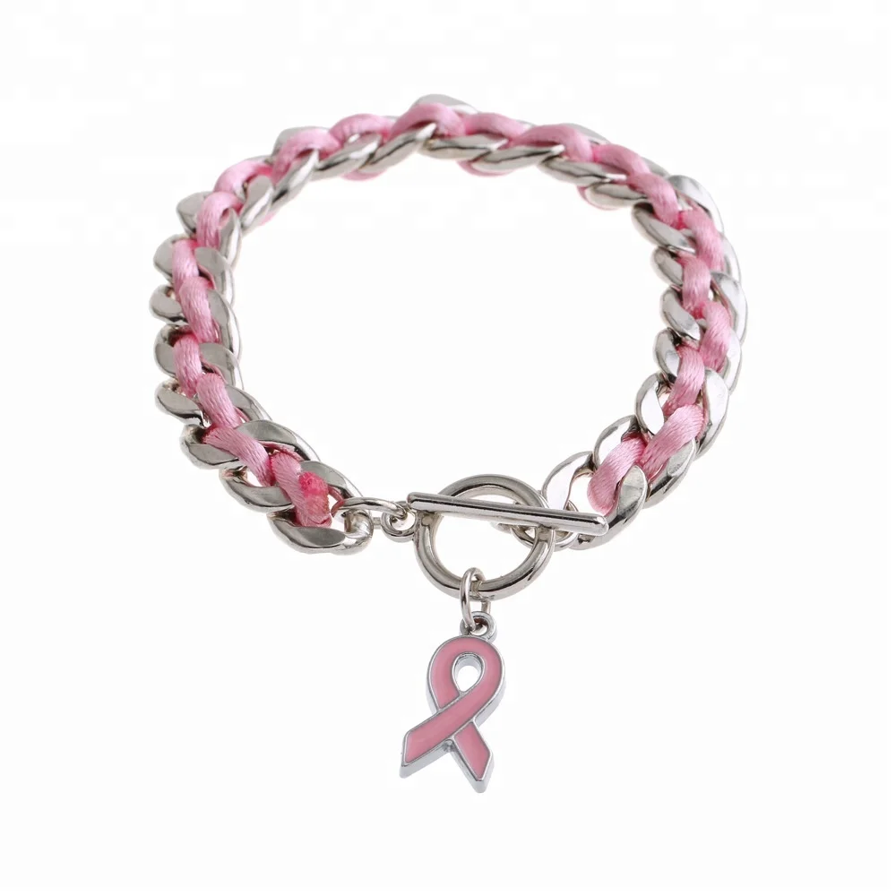 

High Quality Pink Leather Enamel Ribbon Pendant Breast Cancer Awareness Bracelet, 1 colors metal