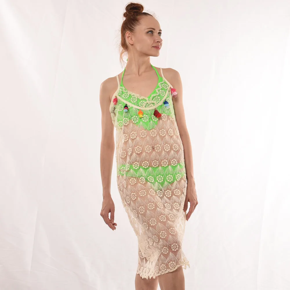 Wholesale ladies beachwear sexy casual dresses women handmade fringe swimwear beach wear bikini cover up lace dress for women