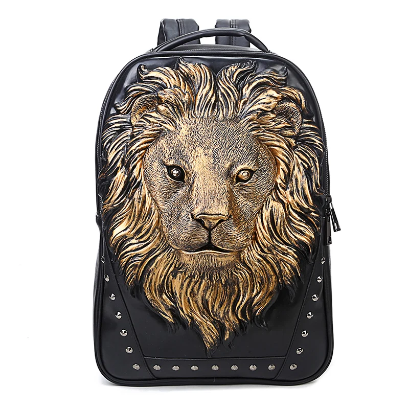 

Cool men PU Rivet Waterproof 3D lion animal head Backpack bag with hat, White, black, golden
