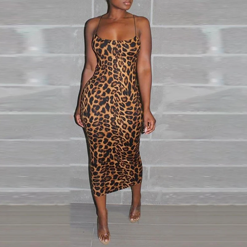 

LZ4627 Spaghetti Strap Leopard Print Bodycon Dress women
