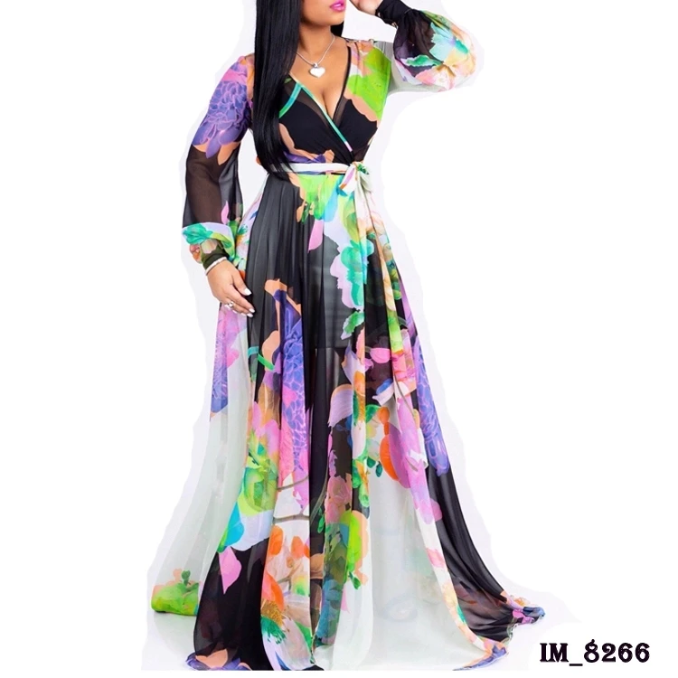 

2019 Hot Wholesale accept paypal women fashion long sleeve floral chiffon maxi dresses