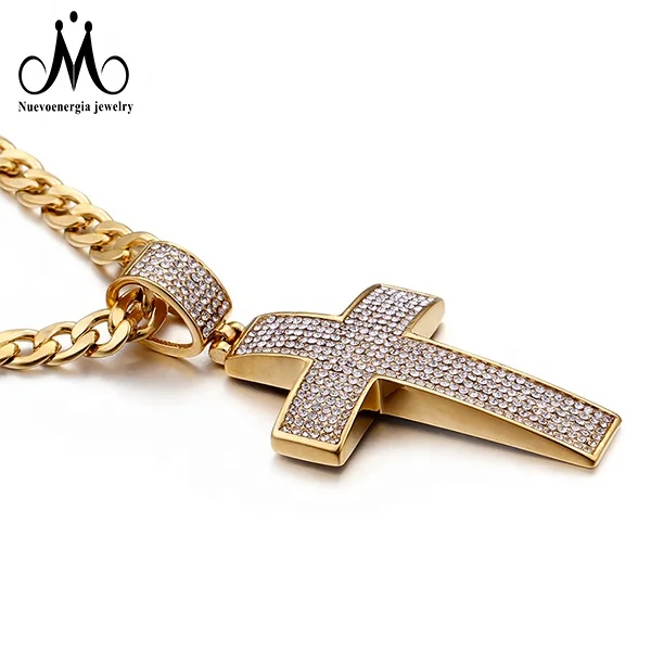 

316L Stainless Steel Cross Pendant Iced Crystal Gold Plated Pendant Necklace