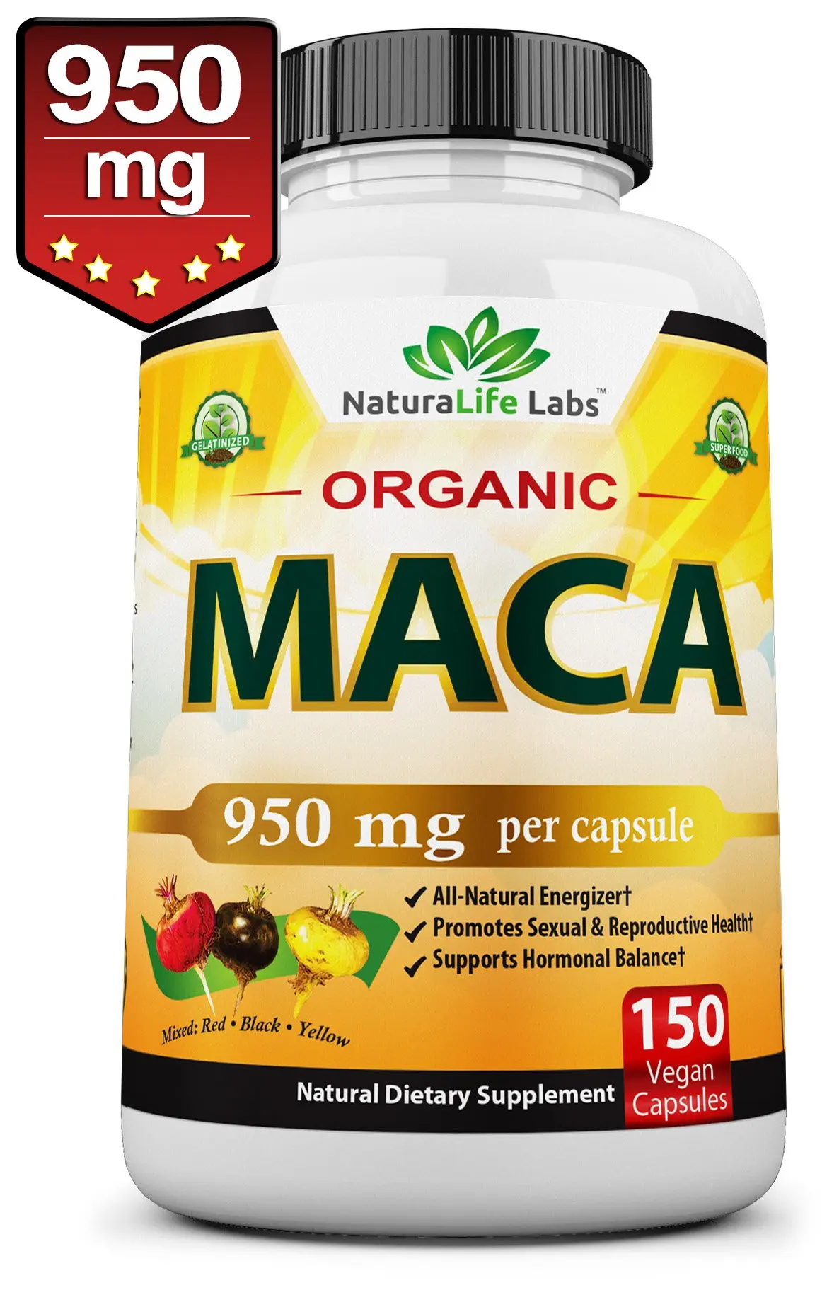 Organic Maca Root Black, Red, Yellow 950MG per capsule 150 vegan capsules Peruvian Maca Root Gelatinized 100% Pure Non-GMO supports Reproductive Health Natural Energizer