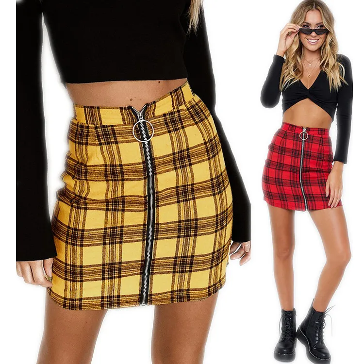 

Wholesale Ladies Package Hip Mosaic Skirt Sexy Zipper Plaid Short Skirt Women, Photo