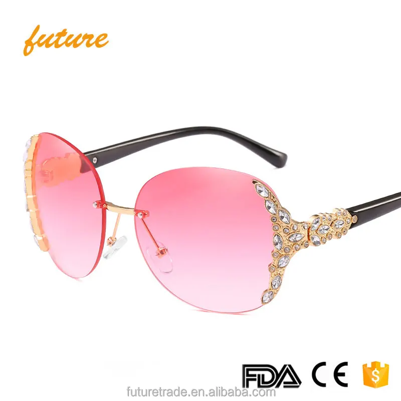

Lady Rimless Sea Glasses Ocean Clear 2019 Fashionable Women Oversized Diamond Sunglasses J66240, Grey pink gold