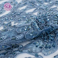 

Hot sale fashion designs blue embroidered lace fabric with beads sequin and pearls