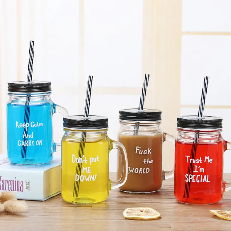 Square Custom Logo 450ml 16oz Beverage Glass Mason Jar For Cold Juice Milk Drink Jar With Handle