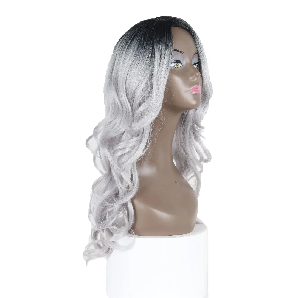 X-TRESS Natural Wigs White Grey Ombre Black Color Long Hair Heat Resistant Lace frontal Synthetic Wig