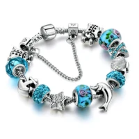 

Blue tone sea-life charm zinc alloy beads bracelet, tortoise, dolphin, starfish charm bangle bracelet in silver