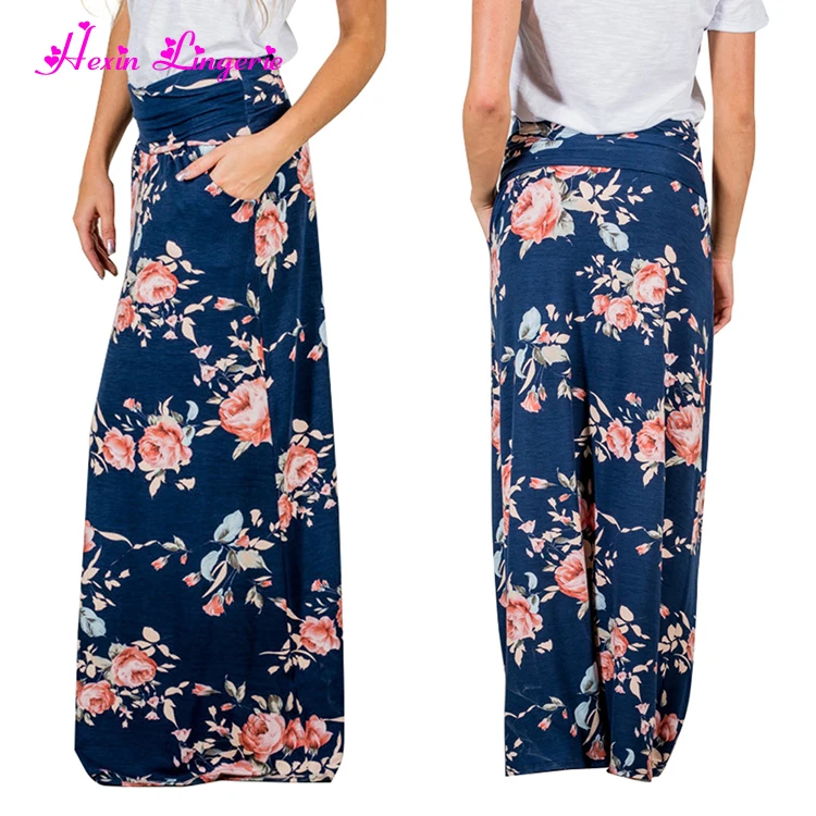 

Latest design dark blue flower printed soft high waisted women long maxi skirt, As show maxi skirt