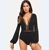 sexy Bodysuit for women black blouse Bishop Sleeve Knot V Back winter tops with lace wholesale women clothing 2018 new designs