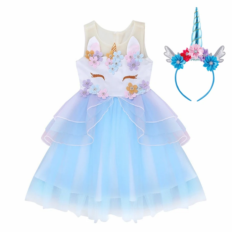 

Unicorn Dress Pageant Party Dresses Flower Evening Gowns Tutu Dress, Purple blue pink and orange